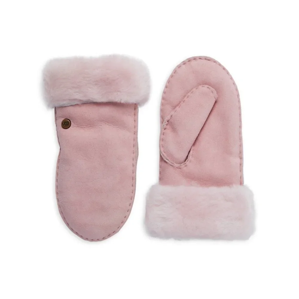 UGG KIDS LEATHER & REAL SHEARLING TRAPPER HAT AND MITTENS SET. SHEEPSKIN